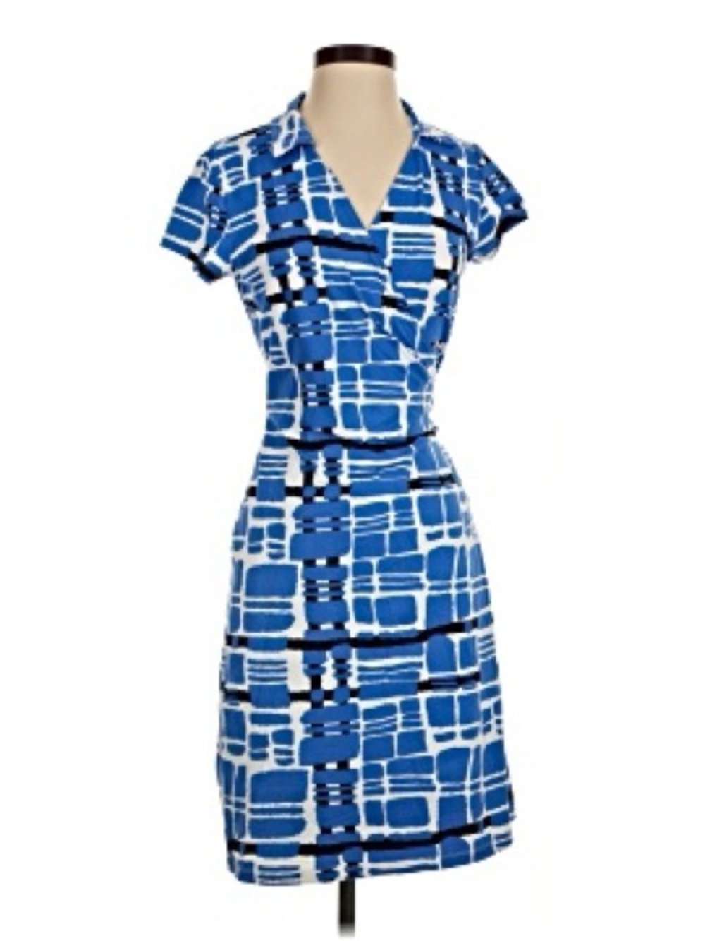 J. McLaughlin Catalina Cloth Blue Geometric Wrap Dress Short Sleeve sz L Belted